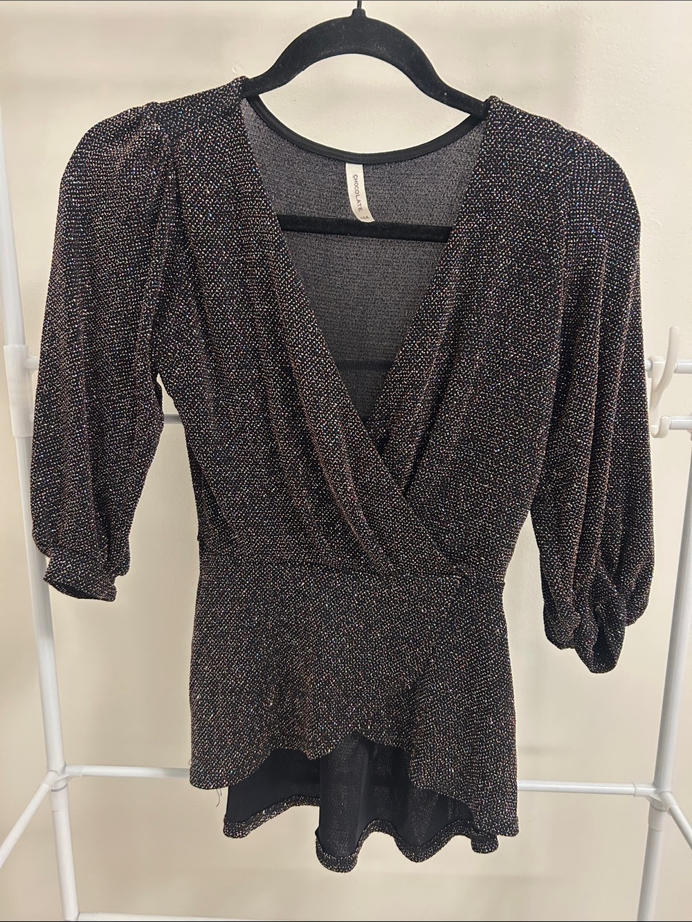 Chocolate Metallic Black Wrap Peplum Blouse